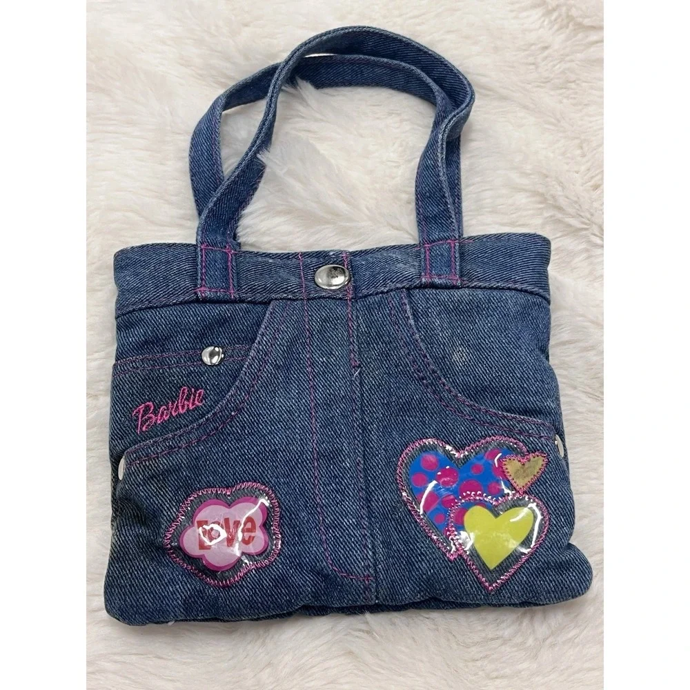 Y2K Barbie Kids Crossbody Bag Vtg 2002 Denim Pockets Patches Tote Girls